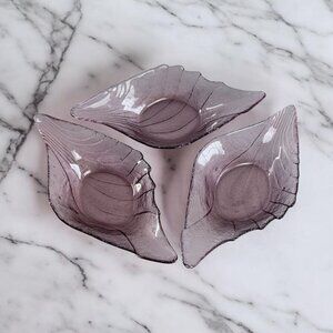 Vintage Glass Art Candy Dish Set, 3 Purple Leaf Dishes, Handmade, 8.5" Long